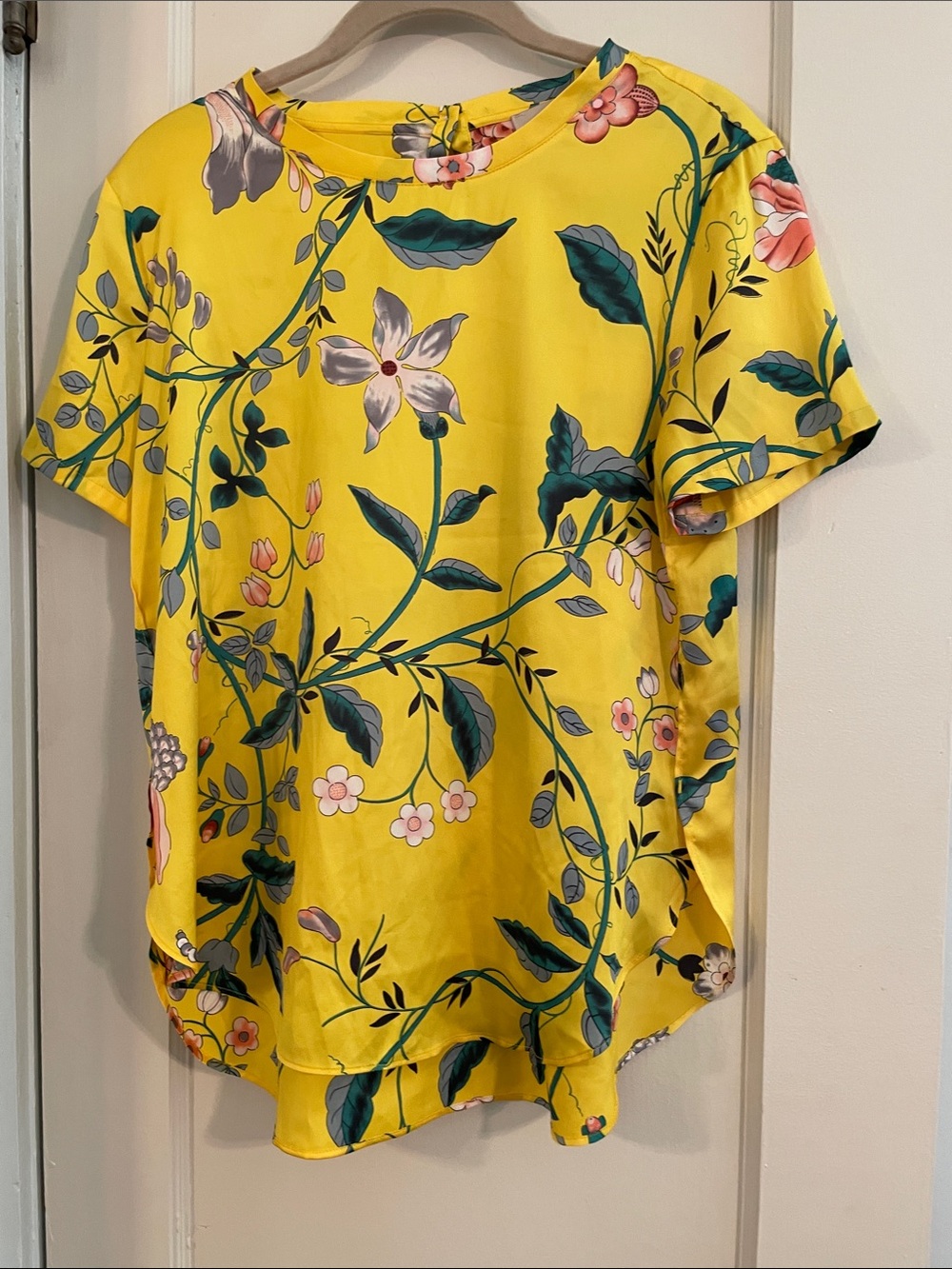 LOFT Yellow Floral Satin Short Sleeve Blouse